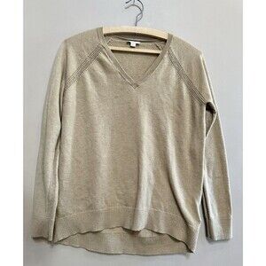 Gap Vneck Sweater Womens Small Tan Merino Wool Blend Lightweight Knit Minimalist